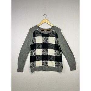 Halogen Women's Gray Black White Buffalo Plaid Raglan Crewneck Sweater‎ Size M